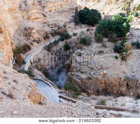 The bed of the dried-up river at the foot of the monastery of St. George Hosevit (Mar Jaris) in Wadi Kelt near Mitzpe Yeriho in Israel
