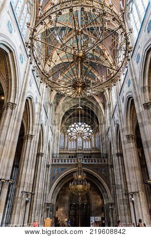 Vienna, Austria - August 16, 2017: Votivkirche, Votive Church in Vienna, interior view. The church was dedicated in 1879 on the silver anniversary of Emperor Franz Joseph and his wife Elisabeth