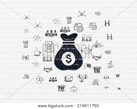 Business concept: Painted black Money Bag icon on White Brick wall background with  Hand Drawn Business Icons