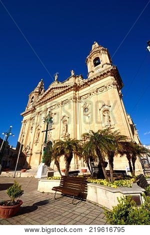 NAXXAR, MALTA - APRIL 2, 2017 - View of Naxxar Parish church Naxxar Malta Europe, April 2, 2017.