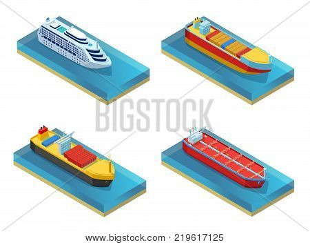 Isometric water transport set with travel cruise liner ferry boat cargo ship and tanker isolated vector illustration