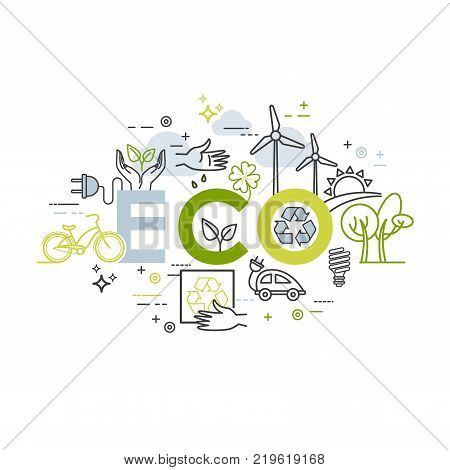 Ecology lifestyle, green energy, recycle. Vector template in linear style for your design