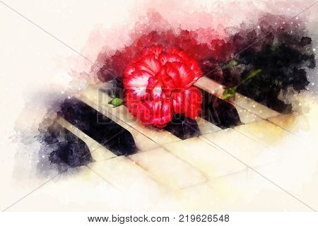 Old vintage gand piano keys with a red carnation flower, softly blurred watercolor background