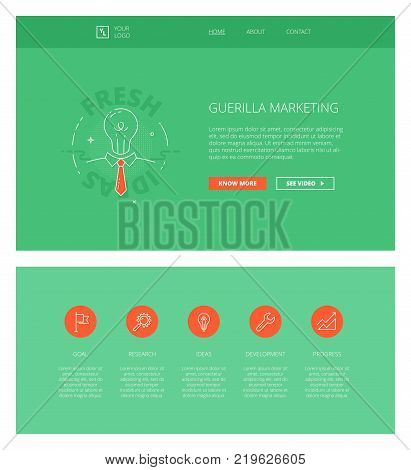 Minimal design web template with header and five icons for marketing landing pages, sites and apps. White outline minimal illustrations of guerilla marketing