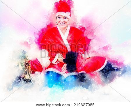 Cheerful young woman in christmas outfit accompanied by two sweet poodles. Softly blurred watercolor background