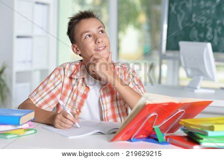 Portrait of thoughtful schoolboy doing homework at home