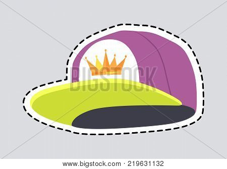 Male colourful rap cap patch. Cut out head accessory with dashed line. Stylish violet hat with greenish peak. Icon of golden crown on white cloth. Cartoon style. Flat design. Vector illustration