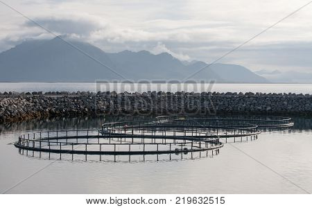 industrial fish farm in open sea Norway