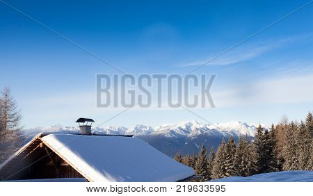 South Tirol Snow Landscape And Wooden Cabin