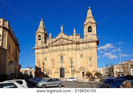 NAXXAR, MALTA - APRIL 2, 2017 - View of the Parish church Naxxar Malta Europe, April 2, 2017