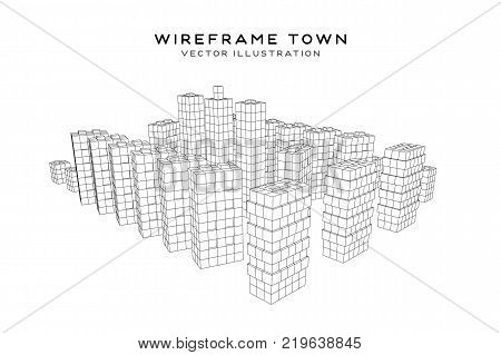 Mesh low poly wireframe cubes array like skyscraper city. Connected lines town. Connection Box Structure. Digital Data Visualization Concept. Vector Illustration.