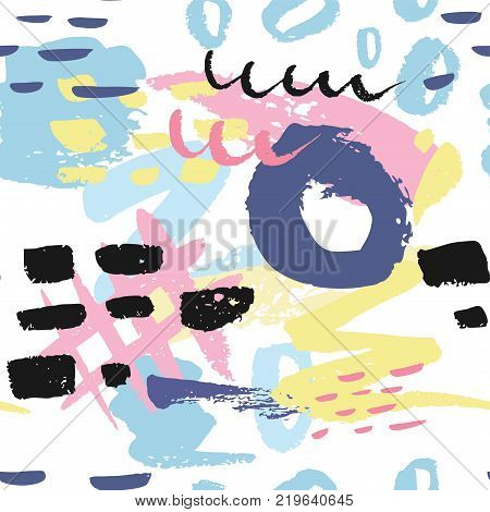 Abstract seamless patterns with hand drawn textures in memphis style. Retro fashion background.
