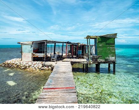 Seascape with a fishing palafitte in Los Roques archipelago (Venezuela).