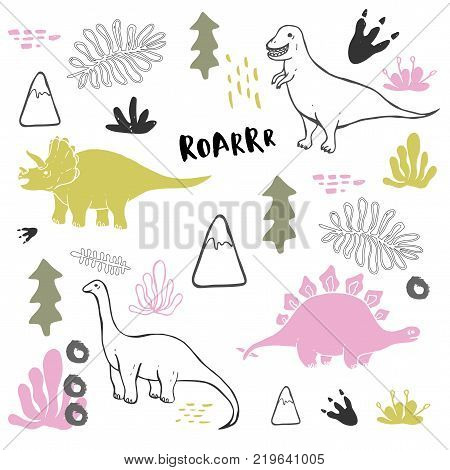 Vector collection of cute hand drawn dinosaurs including T-rex Pterodactyl Brachiosaurus and Triceratop isolated on white.