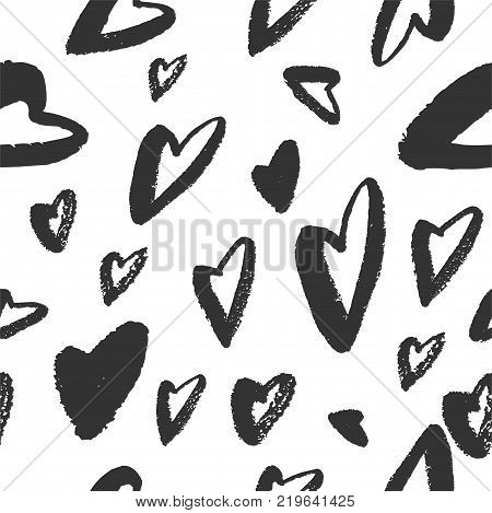 Hand drawn texture. Hearts brush strokes seamless pattern made with ink. Artistic fabric pattern. Valentine's day background