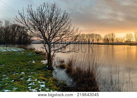 Bare tree silhouette at the bank of a lake during sunset. It is winter some snow has fallen and a very thin layer of ice is on the water surface near the banks.