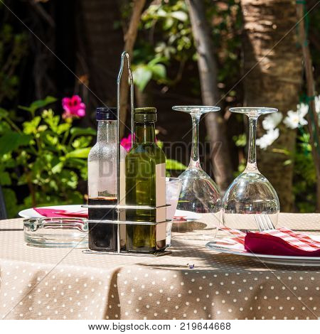 Served Table In Outdoor Cafe Pratdip, Tarragona, Spain. Close-up
