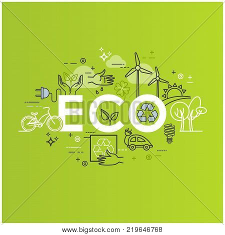 Ecology lifestyle, green energy, recycle. Vector template in linear style on green background for your design