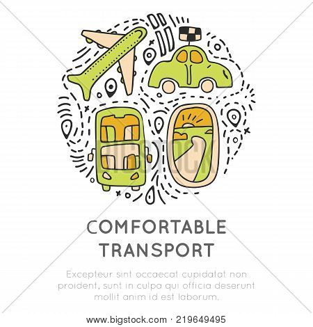 Travel transport icon collection. Travelling transportation icons concept in round form with decorative elements. Traveling icon about transports - airplane, car, bus, taxi. Transport icon set in travel, cartoon vector elements