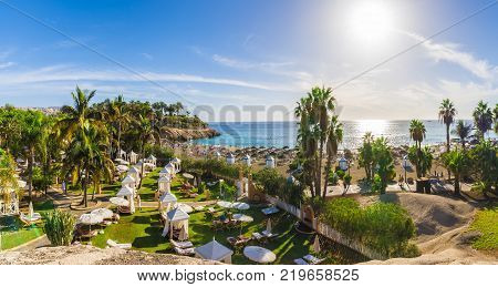 View of El Duque beach at Costa Adeje. Tenerife Canary Islands Spain