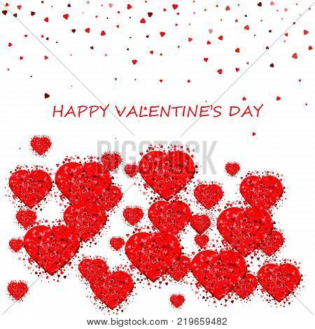 Happy Valentine's Day card. Romantic composition with confetti of hearts. Beautiful background with hearts on a white background.
