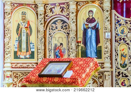 Belgorod Russia - May 20 2017: Iconostasis and altar of Russian Orthodox cathedral's hall in honor of con of Mother of God 