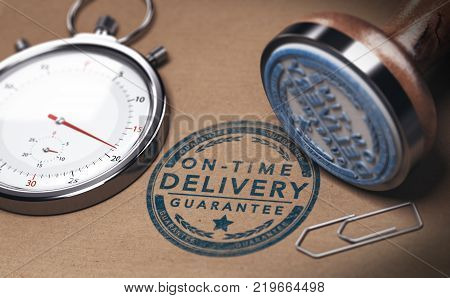 3D illustration of a stopwatch and a rubber stamp with the text on time delivery. Courier service punctuality concept