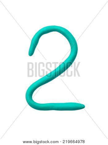 Closeup green plasticine for kid in number 2 isolated on white background with clipping path