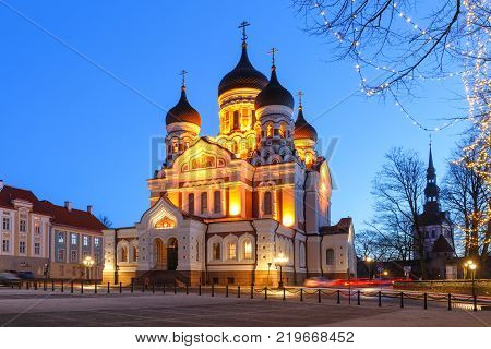 Russian Orthodox Alexander Nevsky Cathedral illuminated at night, Tallinn, Estonia