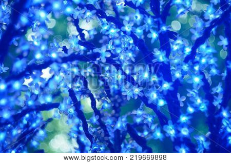 Christmas Led Lights In The Form Of Flowers, Blue Bokeh, Selected Focus