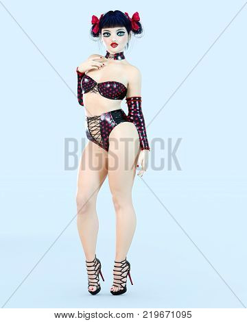 3D sexy girl doll big blue eyes and bright makeup. Woman retro style black and red shorts. High heel. Bow dark hair. Conceptual fashion art. Seductive candid pose. Realistic render illustration.