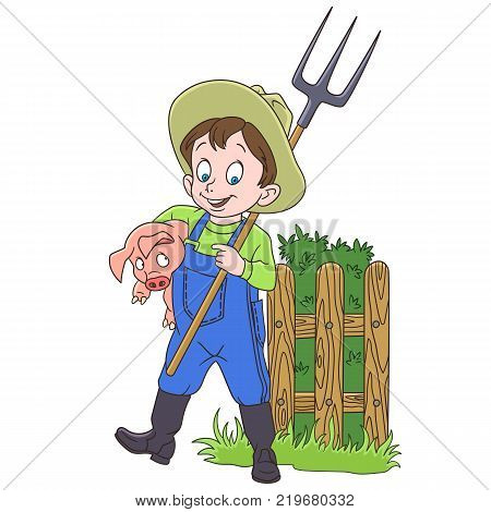 Kids in Professions. Cartoon farmer with a pitchfork and a pig. Design for children's coloring book.