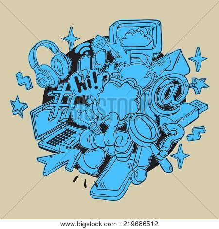 Social Media Isolated Artistic Cartoon Hand Drawn Sketchy Line Art Style Drawings Illustrations Icons And Symbols  Design Of  Essential Related Objects Elements  And Tools. Vector Graphic.