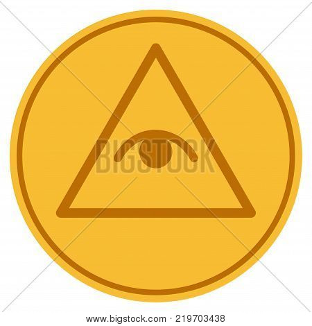 Pyramid Eye golden coin icon. Vector style is a gold yellow flat coin symbol.