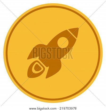 Space Rocket golden coin icon. Vector style is a gold yellow flat coin symbol.