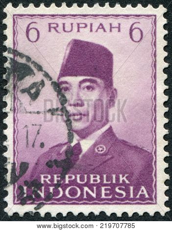 INDONESIA - CIRCA 1951: A stamp printed in the Indonesia shows the first president of Indonesia Sukarno circa 1951