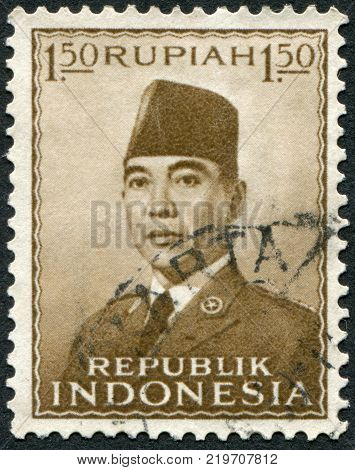 INDONESIA - CIRCA 1951: A stamp printed in the Indonesia, shows the first president of Indonesia, Sukarno, circa 1951