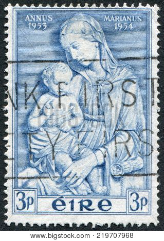 IRELAND - CIRCA 1954: A stamp printed in the Ireland shows Madonna by della Robbia circa 1954