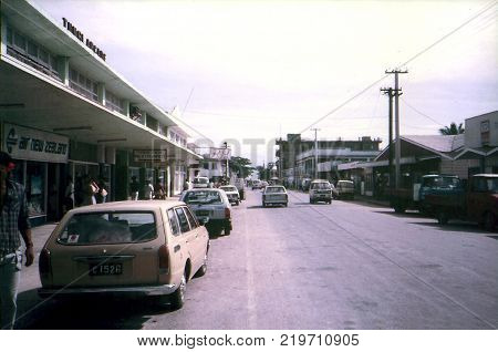 NUKU'ALOFA / TONGA - CIRCA 1990: A view of the Tungi Arcade on Taufa'ahau Road, which is the principal avenue in downtown Nuku'alofa.