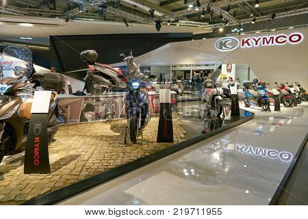 MILAN, ITALY - NOVEMBER 11, 2017: scooters on display at EICMA 2017 - 75th International Motorcycle Exhibition.