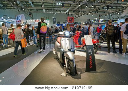 MILAN, ITALY - NOVEMBER 11, 2017: scooters on display at EICMA 2017 - 75th International Motorcycle Exhibition.