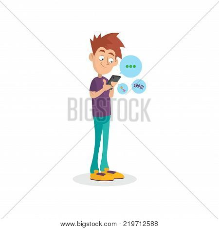 Cartoon teenager using mobile phone for chatting with friends. Gadget addiction. Dependency from modern technologies. Boy character in t-shirt and jeans. Flat vector illustration isolated on white.