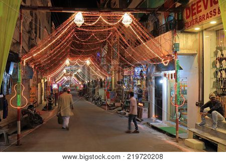 Udaipur India - October 18, 2017: Unidentified People Visit Udaipur Shopping Street For Diwali Festi