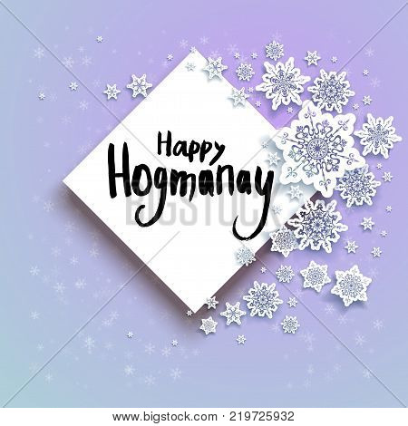 Christmas festive snowflakes background for holiday invitation or card. Celebration illustration for design banner, ticket, leaflet and so on. Happy Hogmanay is Scottish New Year holiday.