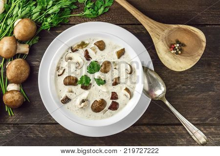 An overhead photo of a plate of a mushroom cream soup with champignons, cremini, fresh parsley, and peppercorns, on a dark rustic background texture with a place for text