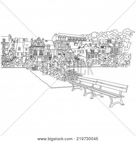 City Sketching On White Background. Honfleur, France. Template For Business Card, Banner, Poster, No