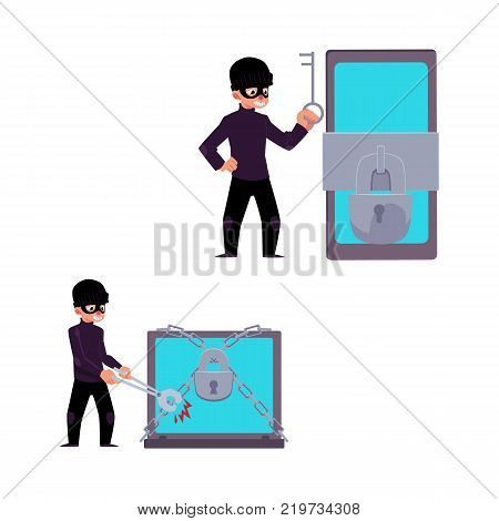 vector flat cyber theft set. Man in mask sitting hacking smartphone protected by lock, holding key, hacker breaking chain protecting laptop by bolt cutter. Isolated illustration on a white background.