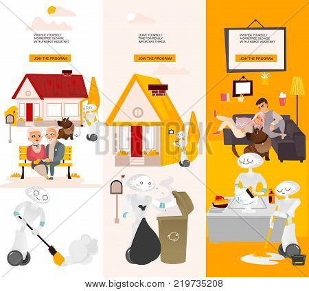 Vector robots, artificial intelligence in modern life infographic conseptual posters set. Robots assistants home robots helping with routine household chores, walking with animals, cleaning, repairing