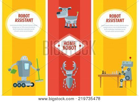 Vector robots, artificial intelligence in modern life infographic conseptual posters set. Robots assistants home helping with routine household chores, animals, playing chess.
