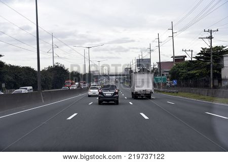 Manila, Philippines, December 12, 2017, Road From Manila To Baguio City View With Car